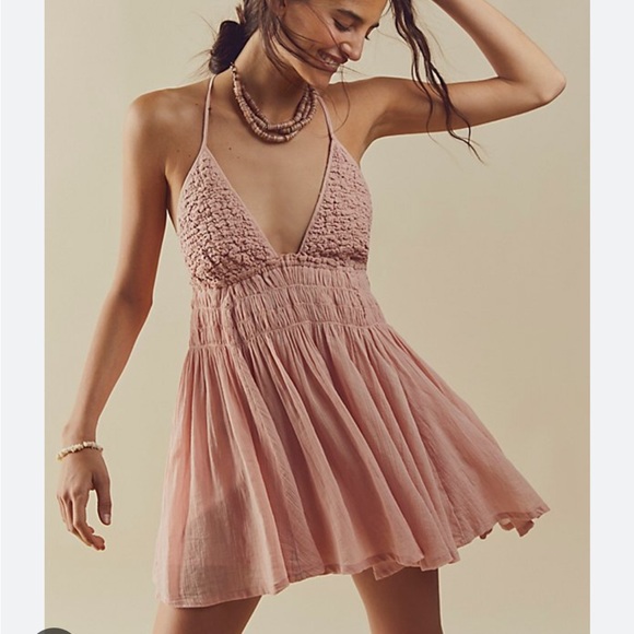 Free people forever favorite mini dress halter smocked bareback cross strappy - Picture 3 of 17